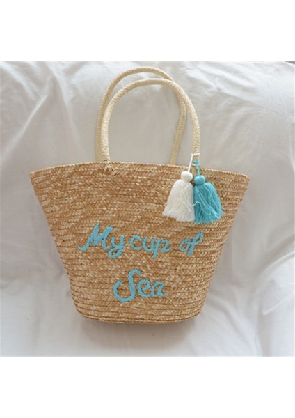 Yaz Modası Mektup Baskı El Yapımı Hasır Çanta Kadın Çanta Mavi (Yurt Dışından) fiyatları