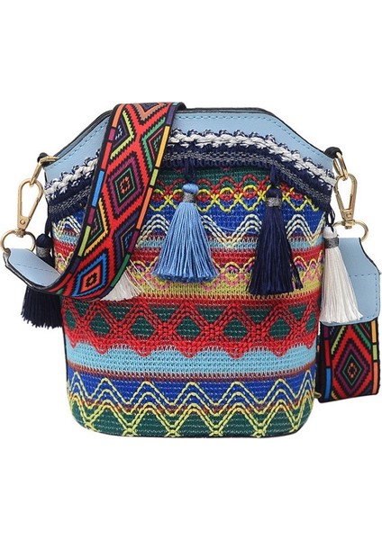 Bohemian Kadın Hasır Dokuma Messenger Püsküllü Kova Çanta Açık Mavi (Yurt Dışından)