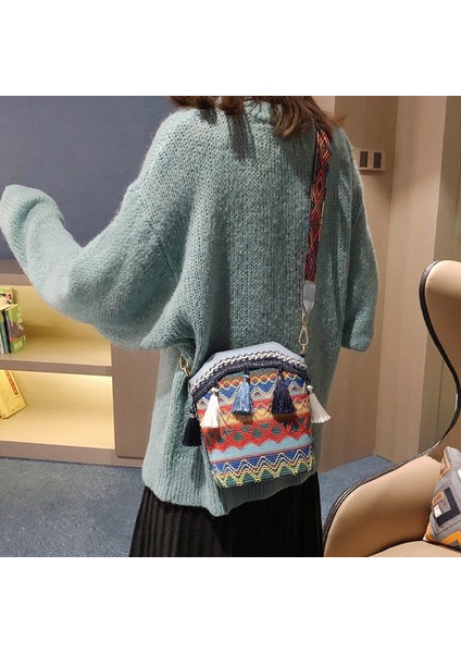 Bohemian Kadın Hasır Dokuma Messenger Püsküllü Kova Çanta Açık Mavi (Yurt Dışından) fiyatları