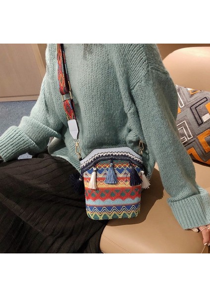 Bohemian Kadın Hasır Dokuma Messenger Püsküllü Kova Çanta Açık Mavi (Yurt Dışından) indirimleri