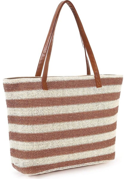 Büyük Hasır Plaj Çantası Yumuşak Çizgili Dokuma Omuz Çantası Haki (Yurt Dışından)