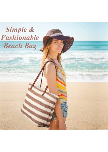 Büyük Hasır Plaj Çantası Yumuşak Çizgili Dokuma Omuz Çantası Haki (Yurt Dışından) fiyatları
