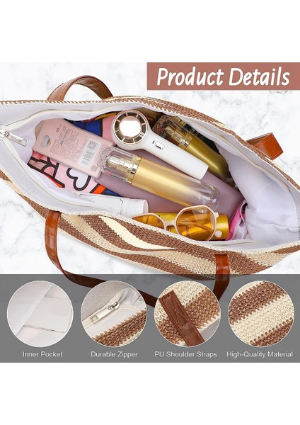 Büyük Hasır Plaj Çantası Yumuşak Çizgili Dokuma Omuz Çantası Haki (Yurt Dışından) fırsatları