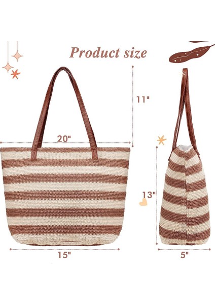 Büyük Hasır Plaj Çantası Yumuşak Çizgili Dokuma Omuz Çantası Haki (Yurt Dışından) indirimleri