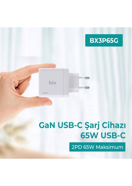 BX3P65G Gan 65W USB Qc 4.0 ve 2*type-C Pd 3.0 Üç Portlu Akım Korumalı Hızlı Şarj Cihazı Beyaz BX-3P65G