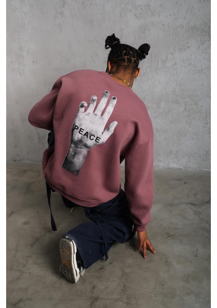 Peace Baskılı Oversize Sweatshirt Gül Kurusu modelleri