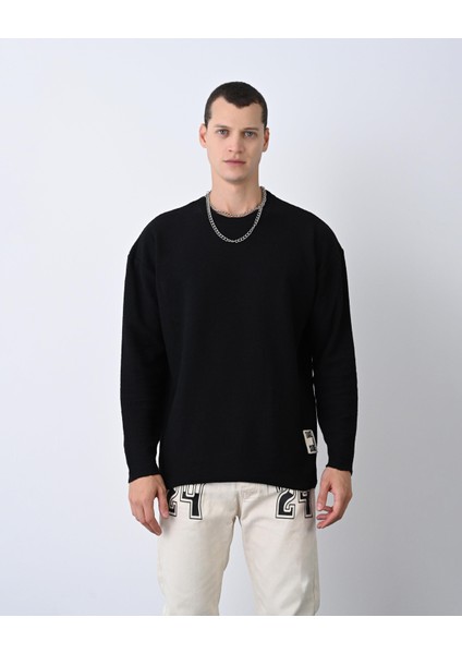 Örgü Desenli Basic Sweat Siyah