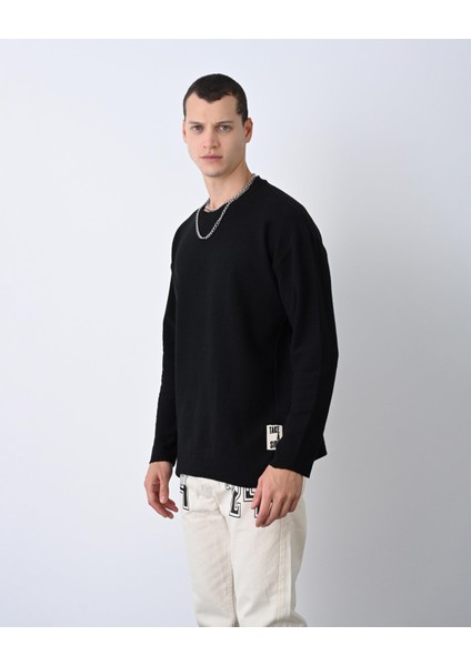 Örgü Desenli Basic Sweat Siyah