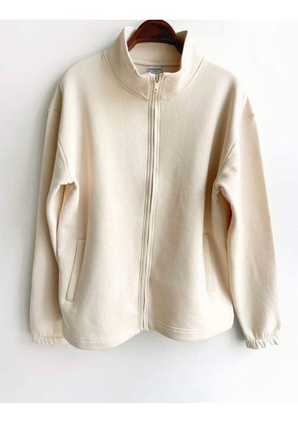 Fermuarlı Basic Sweat Krem