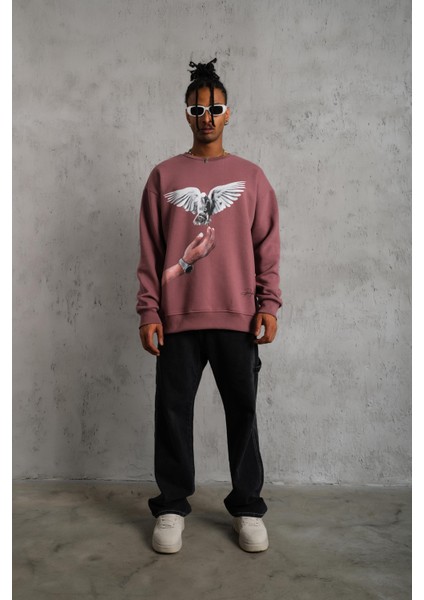 Kuş Baskılı Oversize Sweatshirt Gül Kurusu