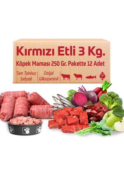 Kırmızı Etli Tahılsız Köpek Barf Maması 3 kg 250 gr