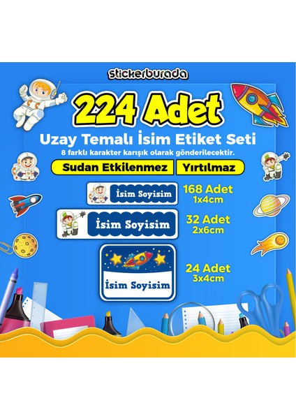 Okul Kreş İsim Etiketi Kalem Defter Özel İsim Yazılabilen Etiket Seti - 224 Adet