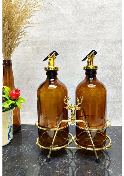 Altın Standlı Geyik Figürlü 500ML Amber Şişe Altın Akıtıcılı Yağlık Yağdanlık