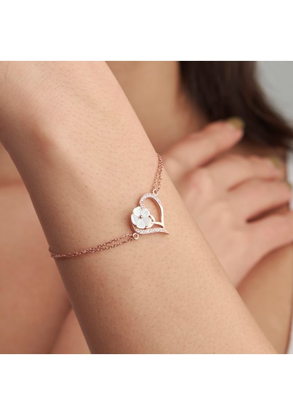 925Ayar Rose Kaplama Manolya Çiçekli Kalpli Gümüş Bileklik