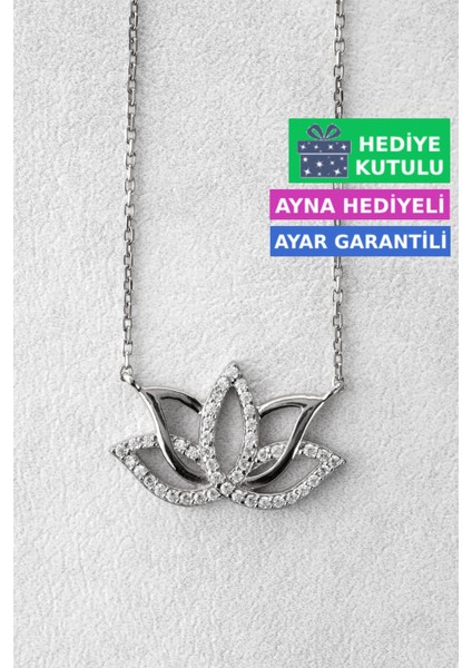 Lotus Çiçeği Gümüş Kolye 18 Ayar Beyaz Altın Kaplama Lotus Çiçeği Kolyesi 925 Ayar Gümüş Kadın Kolye | Bayan Zirkon Taşlı Lotus Kamelya Çiçeği Kadın Gümüş Kolye