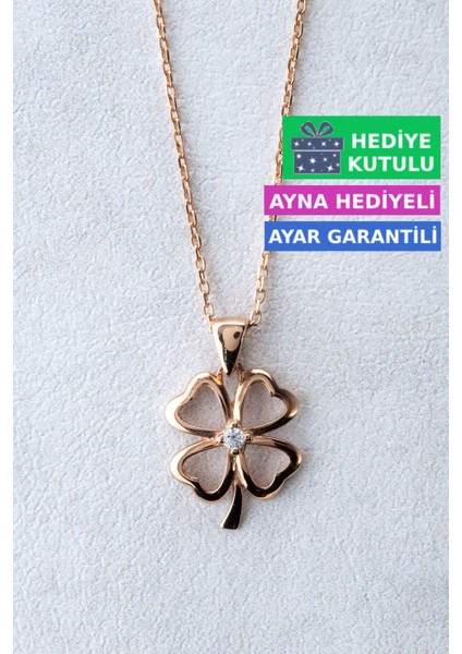 Yonca Gümüş Kolye 18 Ayar Rose Altın Kaplama Şans Yoncası 925 Ayar Gümüş Kadın Kolye| Bayan Dört Yapraklı Yoncalı Zirkon Taşlı 4 Yapraklı Yonca Kolyesi Rose Gold Kadın Gümüş Kolye