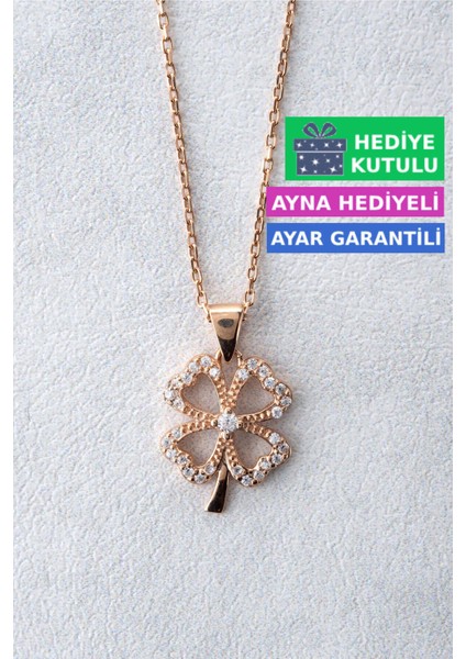 Yonca Gümüş Kolye 18 Ayar Rose Altın Kaplama Şans Yoncası 925 Ayar Gümüş Kadın Kolye| Bayan Dört Yapraklı Yoncalı Zirkon Taşlı 4 Yapraklı Yonca Kolyesi Rose Gold Kadın Gümüş Kolye