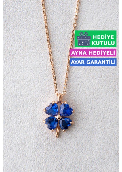 Gümüş Safir Mavi Taşlı Kadın Yonca Kolye 18 Ayar Rose Altın Kaplama Şans Yoncası 925 Ayar Gümüş Kadın Kolye | Bayan Mavi 4 Dört Yapraklı Yonca Zirkon Taşlı Gümüş Yoncalı Kolye Yonca Kolyesi