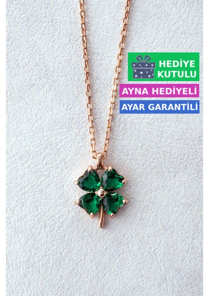 Gümüş Zümrüt Yeşil Taşlı Kadın Yonca Kolye 18 Ayar Rose Altın Kaplama Şans Yoncası 925 Ayar Gümüş Kadın Kolye | Bayan 4 Dört Yapraklı Yonca Zirkon Taşlı Gümüş Yoncalı Kolye Yonca Kolyesi
