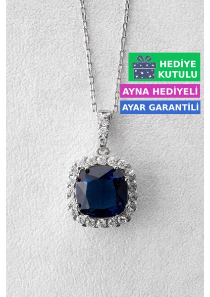 Gümüş Safir Mavi Renkli Prenses Kare Taşlı Kolye 18 Ayar Beyaz Altın Kaplama Prenses Kolyesi 925 Ayar Gümüş Kadın Kolye | Bayan Prenses Kesim Sallantılı Zirkon Taşlı Kadın Gümüş Kolye