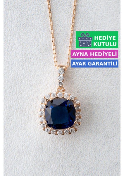 Gümüş Safir Mavi Renkli Prenses Kare Taşlı Kolye 18 Ayar Rose Altın Kaplama Prenses Kolyesi 925 Ayar Gümüş Kadın Kolye | Bayan Prenses Kesim Sallantılı Zirkon Taşlı Kadın Gümüş Kolye