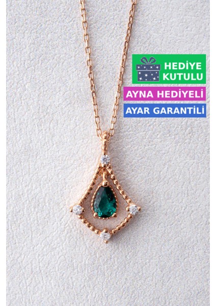 Zümrüt Yeşil Renkli Damla Taşlı Kolye Damla Taş 925 Ayar Gümüş Kolye Rose Altın Kaplama Gümüş Damla Kolye Taşlı Damla Gümüş Kadın Kolye Zirkon Taşlı Gümüş Kolye Yeşil Taşlı Kadın Gümüş Kolye