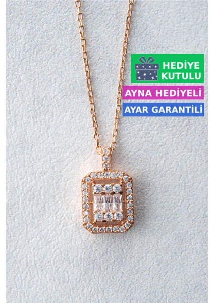 Gümüş Baget Taşlı Kolye 18 Ayar Rose Altın Kaplama Kadın Gümüş Baget Kolye 925 Ayar Gümüş Kadın Kolye | Bayan Baget Gümüş Kolye Zirkon Taşlı Baget Model Rose Gold Kadın Gümüş Kolye