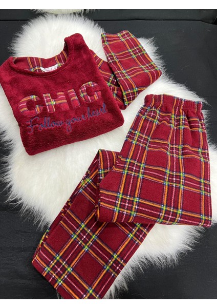 Bayan Uzun Kol Polar Pijama Takım 200 Bordo