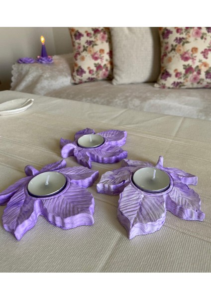 Mor Villa Mum Üçlü Yaprak Mumluk,Dekoratif Mumluk,Tealight Mumluk,Hediyelik Eşya