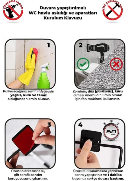 Yapışkanlı Siyah Uzun Havlu Askısı Kare Havluluk Havlu Askısı Wc Tuvalet Kağıtlık 3 Lü Banyo Set