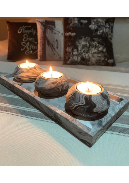 Mor Villa Mum El Yapımı 3'lü Beton Tabaklı Beton Mumluk Set Beton Tealight Set Mumlar Dahildir