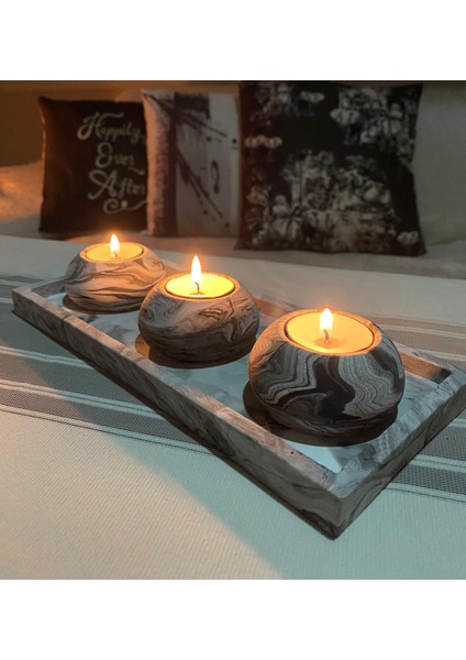 Mor Villa Mum El Yapımı 3'lü Beton Tabaklı Beton Mumluk Set Beton Tealight Set Mumlar Dahildir