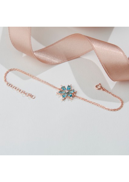 925 Ayarrose Kaplama Aquamarin Taşlı Lotus Çiçeği Gümüş Bileklik