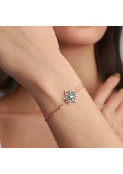 925 Ayarrose Kaplama Aquamarin Taşlı Lotus Çiçeği Gümüş Bileklik fiyatları