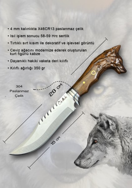 Kurtbaşlı 28 Cm. Ayyıldızlı Tırtıklı Bıçak Kamp Bıçağı Deri Kılıf Hediyeli Kamp Outdoor Çakısı Hediyelik Eşya indirimleri
