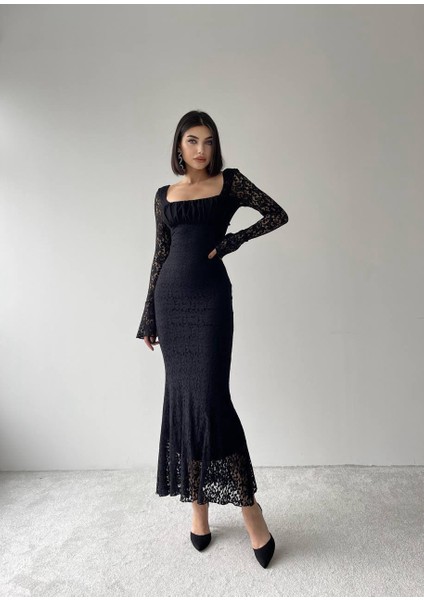 Matilda Dantel Uzun Siyah Elbise