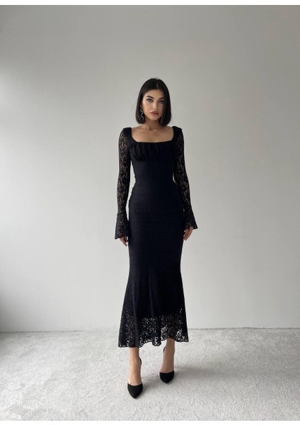 Matilda Dantel Uzun Siyah Elbise indirimleri
