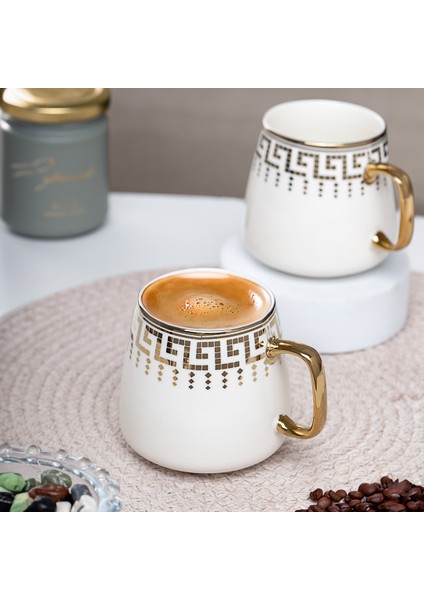 YDY-001 2 li Gold Yaldızlı Porselen Mug Kupa Bardak - Kulplu Çay Kahve Bardağı - 200 cc Beyaz