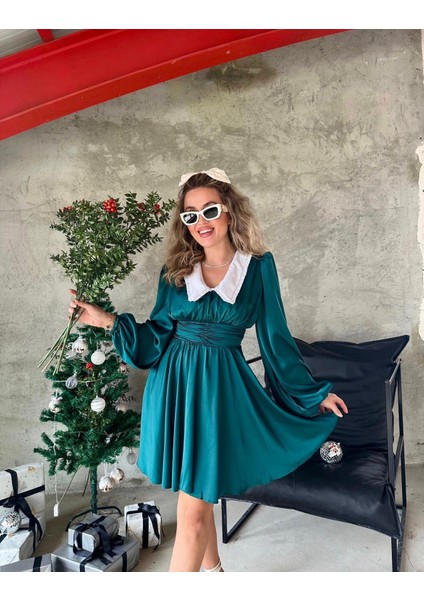 Evie Bebe Yaka Saten Elbise - Yeşil