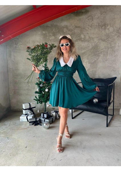 Evie Bebe Yaka Saten Elbise - Yeşil modelleri