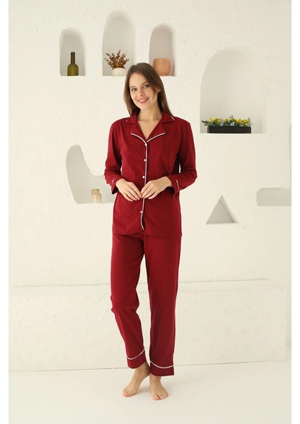 Koyu Bordo Pamuklu Düğmeli Biyeli Kadın Pijama Takım