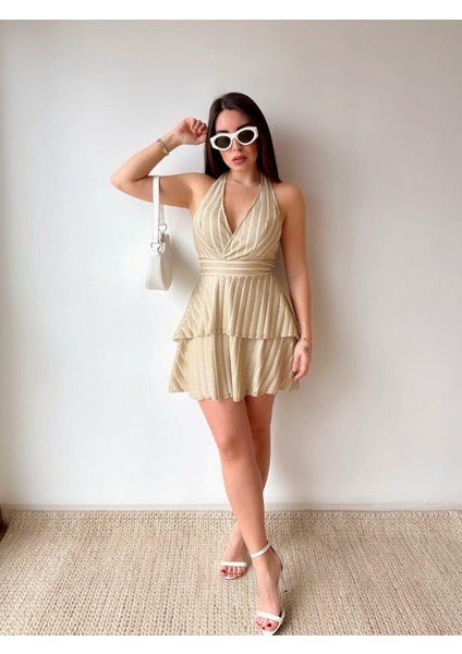 Polly Halter Yaka Mini Sarı Çizgili Elbise fiyatları
