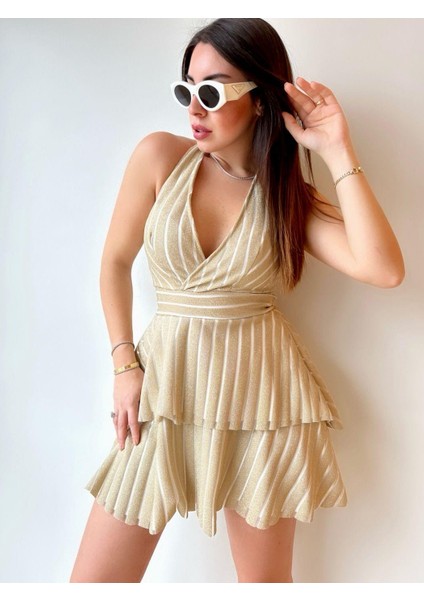 Polly Halter Yaka Mini Sarı Çizgili Elbise modelleri