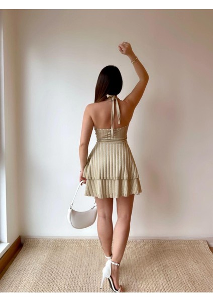 Polly Halter Yaka Mini Sarı Çizgili Elbise fırsatları