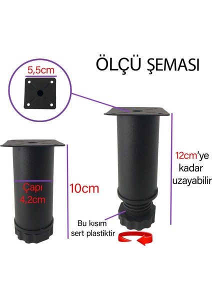 8 Adet Metal Ayarlanabilir 10 cm Siyah Destek Ayağı Mobilya Kanepe Baza Koltuk Dolap Sehpa Tv Ünitesi Ayağı