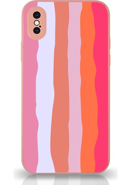 Apple iPhone Xs Kamera Korumalı Pudra Gökkuşağı Desenli Cam Kapak Pudra