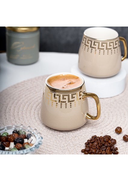 YDY-006 2 Li Gold Yaldızlı Porselen Mug Kupa Bardak - Kulplu Çay Kahve Bardağı - 200 cc Krem