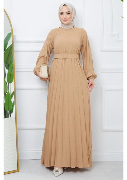 Kemerli Piliseli Aerobin Elbise Camel HM2339