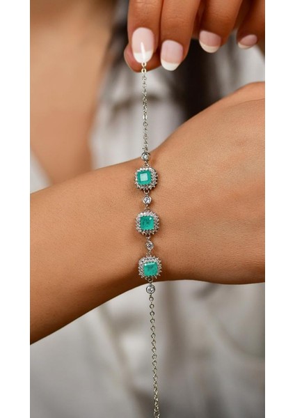 Roza Silver Paraiba Taşlı Rodyum Kare Anturaj Gümüş Bileklik