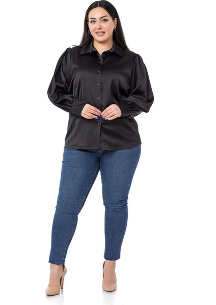 Büyük Beden Manşeti ve Kol Tepesi Büzgülü Saten Siyah Gömlek fiyatları